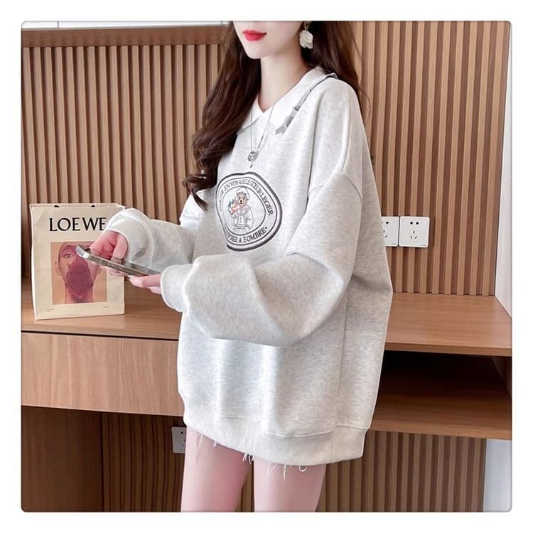 가을 의상 모방 후아 면 복잡한 우유 실크 빅 사이즈 지방 mm 맨위 얇은 스타일 POLO 칼라 후드티 여성 상세 이미지 5