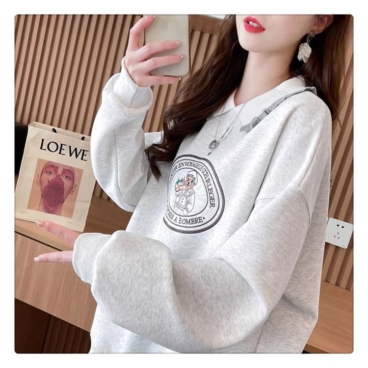 가을 의상 모방 후아 면 복잡한 우유 실크 빅 사이즈 지방 mm 맨위 얇은 스타일 POLO 칼라 후드티 여성 상세 이미지 6