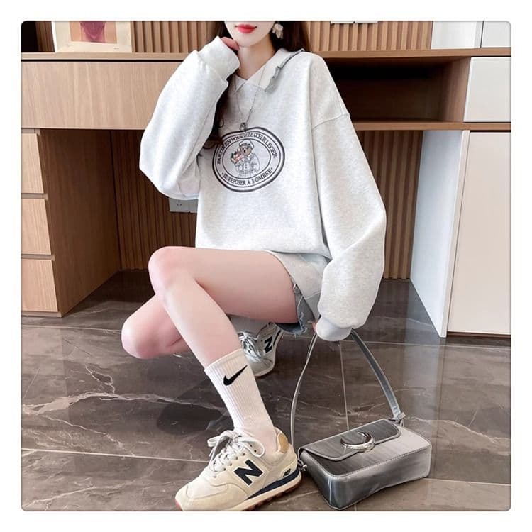 가을 의상 모방 후아 면 복잡한 우유 실크 빅 사이즈 지방 mm 맨위 얇은 스타일 POLO 칼라 후드티 여성 상세 이미지 8