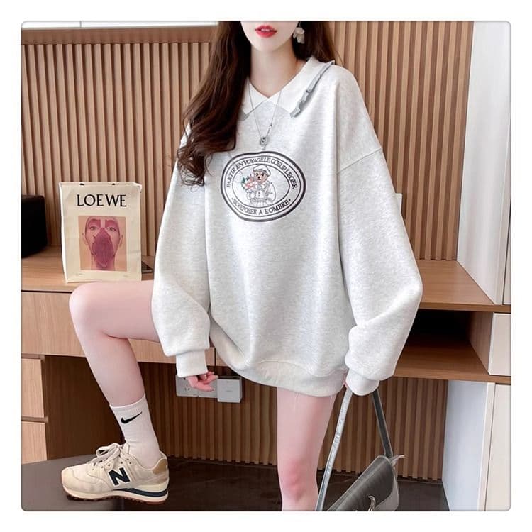 가을 의상 모방 후아 면 복잡한 우유 실크 빅 사이즈 지방 mm 맨위 얇은 스타일 POLO 칼라 후드티 여성 상세 이미지 9