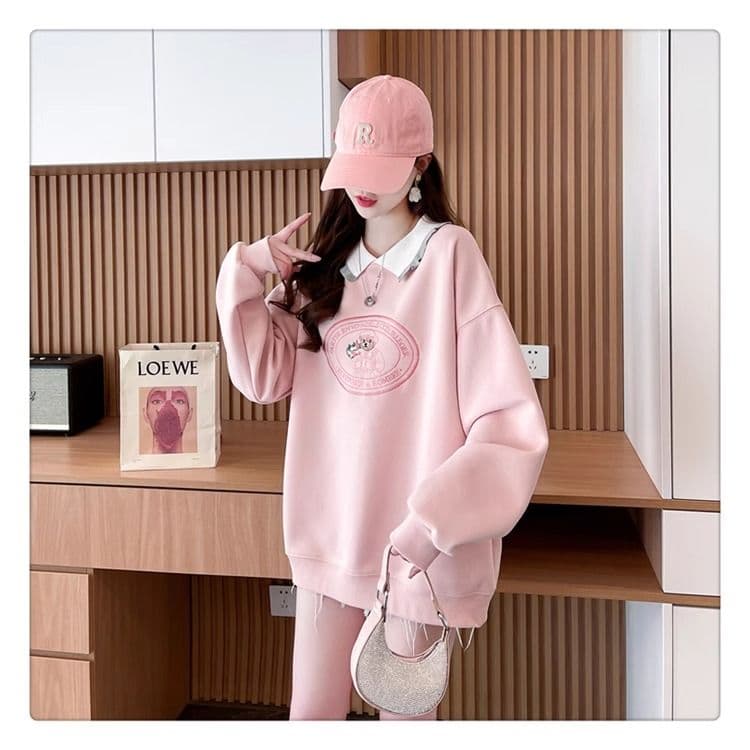 가을 의상 모방 후아 면 복잡한 우유 실크 빅 사이즈 지방 mm 맨위 얇은 스타일 POLO 칼라 후드티 여성 상세 이미지 11