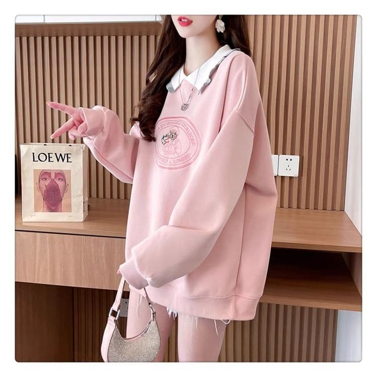 가을 의상 모방 후아 면 복잡한 우유 실크 빅 사이즈 지방 mm 맨위 얇은 스타일 POLO 칼라 후드티 여성 상세 이미지 12
