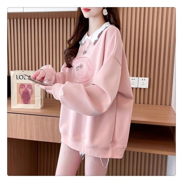 가을 의상 모방 후아 면 복잡한 우유 실크 빅 사이즈 지방 mm 맨위 얇은 스타일 POLO 칼라 후드티 여성 상세 이미지 13