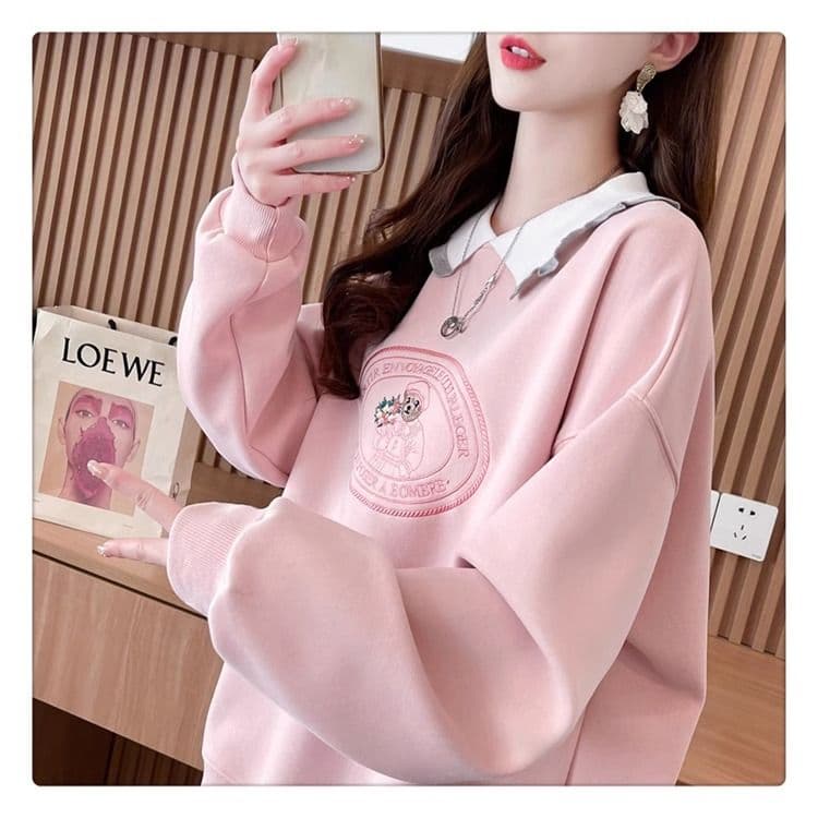 가을 의상 모방 후아 면 복잡한 우유 실크 빅 사이즈 지방 mm 맨위 얇은 스타일 POLO 칼라 후드티 여성 상세 이미지 14