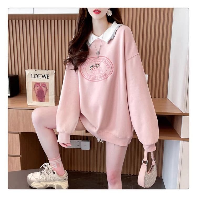 가을 의상 모방 후아 면 복잡한 우유 실크 빅 사이즈 지방 mm 맨위 얇은 스타일 POLO 칼라 후드티 여성 상세 이미지 16