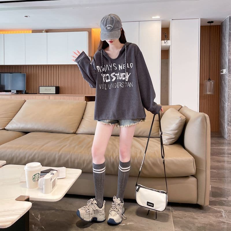 실사 2026 봄 가을 알파벳 프린트 얇은 스타일 기본 셔츠 맨위 후드 티 스웨터 여성 상세 이미지 10