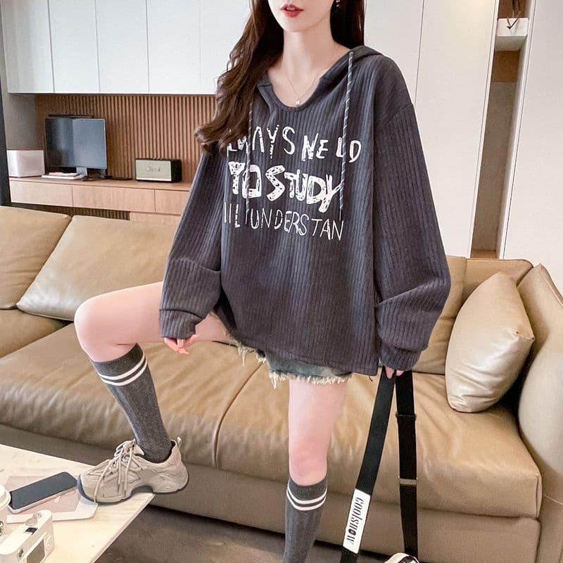 실사 2026 봄 가을 알파벳 프린트 얇은 스타일 기본 셔츠 맨위 후드 티 스웨터 여성 상세 이미지 12