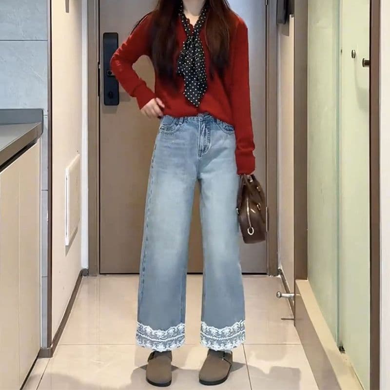 2026 새로운 레이스 바지 측면 패치워크 디자인 청바지 여성 가을 의상 하이웨이스트 슬림해 보이는 스트레이트 넓은 다리 9 포인트 바지