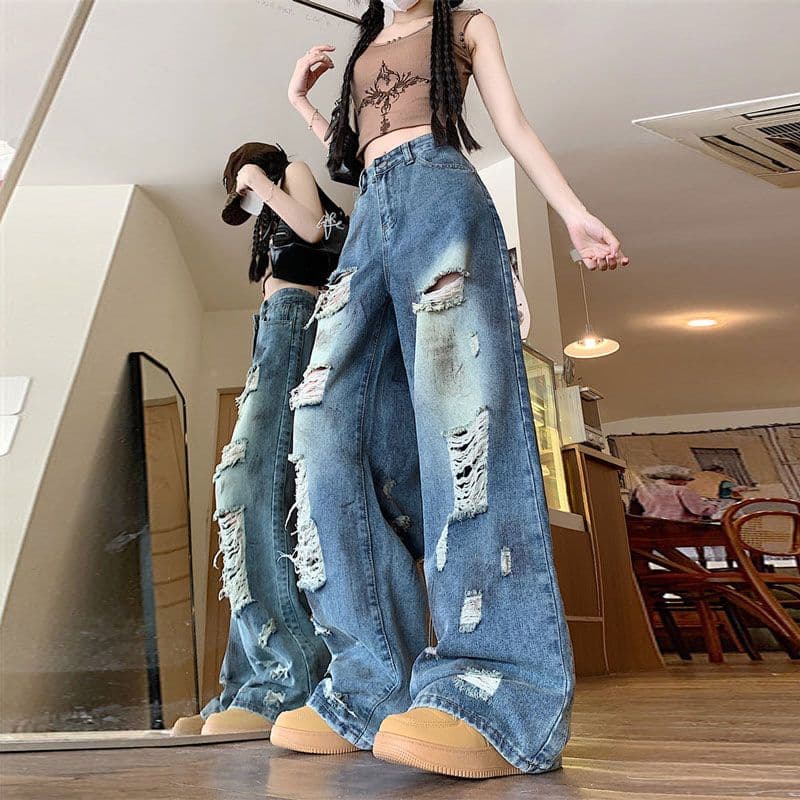 빅 사이즈 지방 mm 봄 가을 디자인 센스 루즈핏 스트레이트 불모지 바람 먹물 찢어진 부분 청바지 여성 넓은 다리 잉글랜드 바지 이미지 4