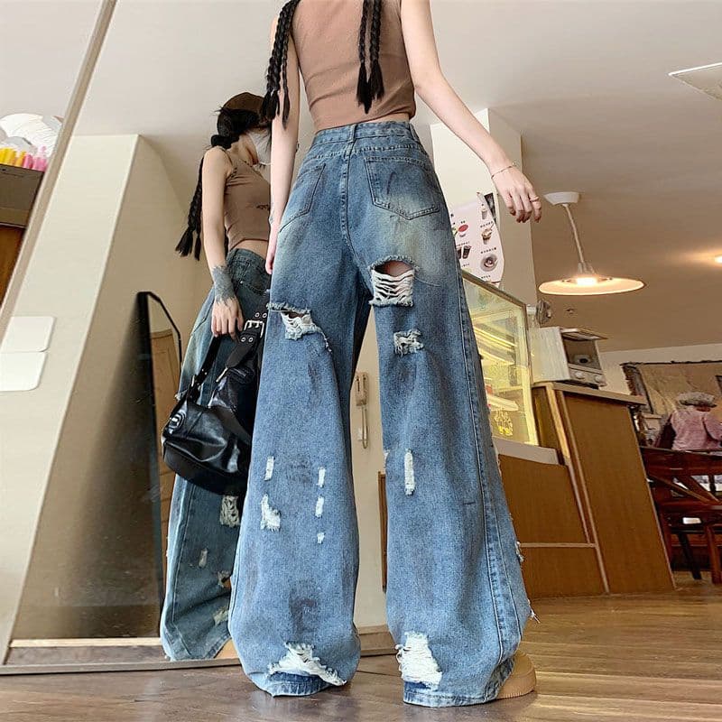 빅 사이즈 지방 mm 봄 가을 디자인 센스 루즈핏 스트레이트 불모지 바람 먹물 찢어진 부분 청바지 여성 넓은 다리 잉글랜드 바지 이미지 2