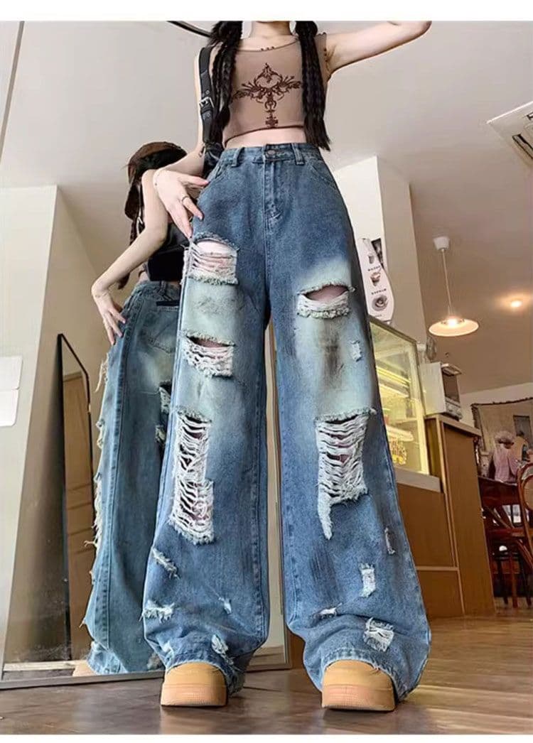 빅 사이즈 지방 mm 봄 가을 디자인 센스 루즈핏 스트레이트 불모지 바람 먹물 찢어진 부분 청바지 여성 넓은 다리 잉글랜드 바지 상세 이미지 4