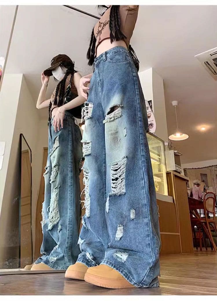 빅 사이즈 지방 mm 봄 가을 디자인 센스 루즈핏 스트레이트 불모지 바람 먹물 찢어진 부분 청바지 여성 넓은 다리 잉글랜드 바지 상세 이미지 6
