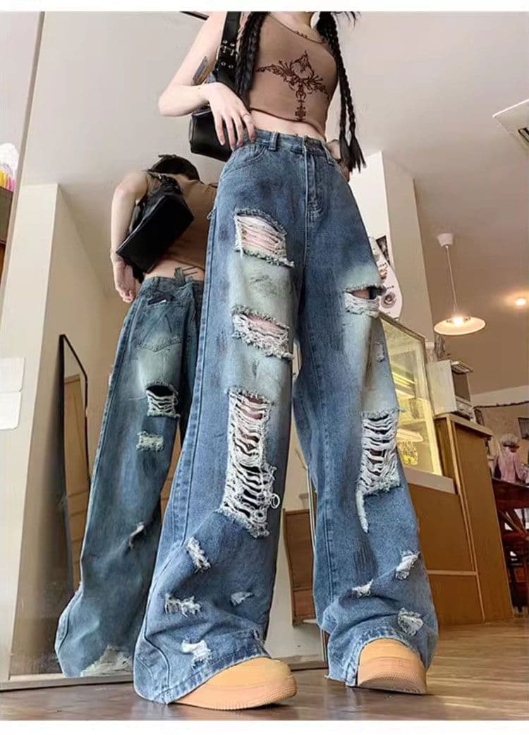 빅 사이즈 지방 mm 봄 가을 디자인 센스 루즈핏 스트레이트 불모지 바람 먹물 찢어진 부분 청바지 여성 넓은 다리 잉글랜드 바지 상세 이미지 8