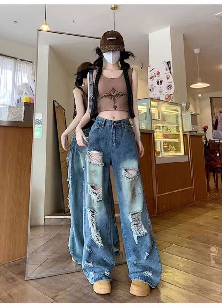 빅 사이즈 지방 mm 봄 가을 디자인 센스 루즈핏 스트레이트 불모지 바람 먹물 찢어진 부분 청바지 여성 넓은 다리 잉글랜드 바지 상세 이미지 10