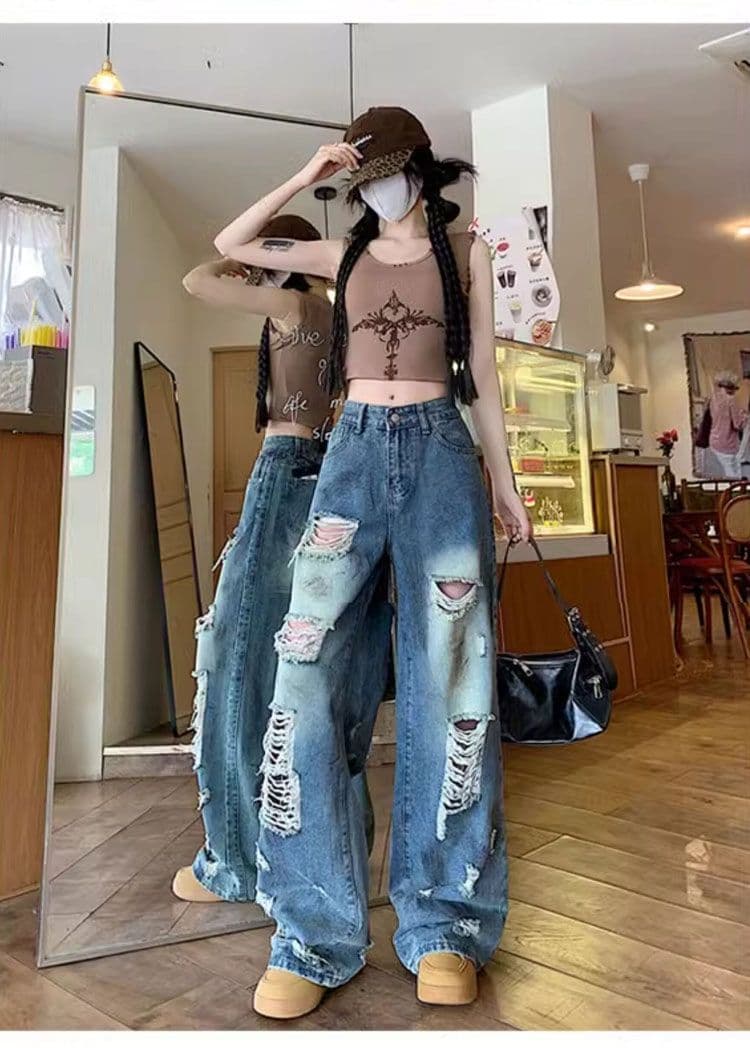 빅 사이즈 지방 mm 봄 가을 디자인 센스 루즈핏 스트레이트 불모지 바람 먹물 찢어진 부분 청바지 여성 넓은 다리 잉글랜드 바지 상세 이미지 11