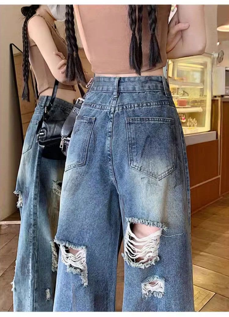 빅 사이즈 지방 mm 봄 가을 디자인 센스 루즈핏 스트레이트 불모지 바람 먹물 찢어진 부분 청바지 여성 넓은 다리 잉글랜드 바지 상세 이미지 15
