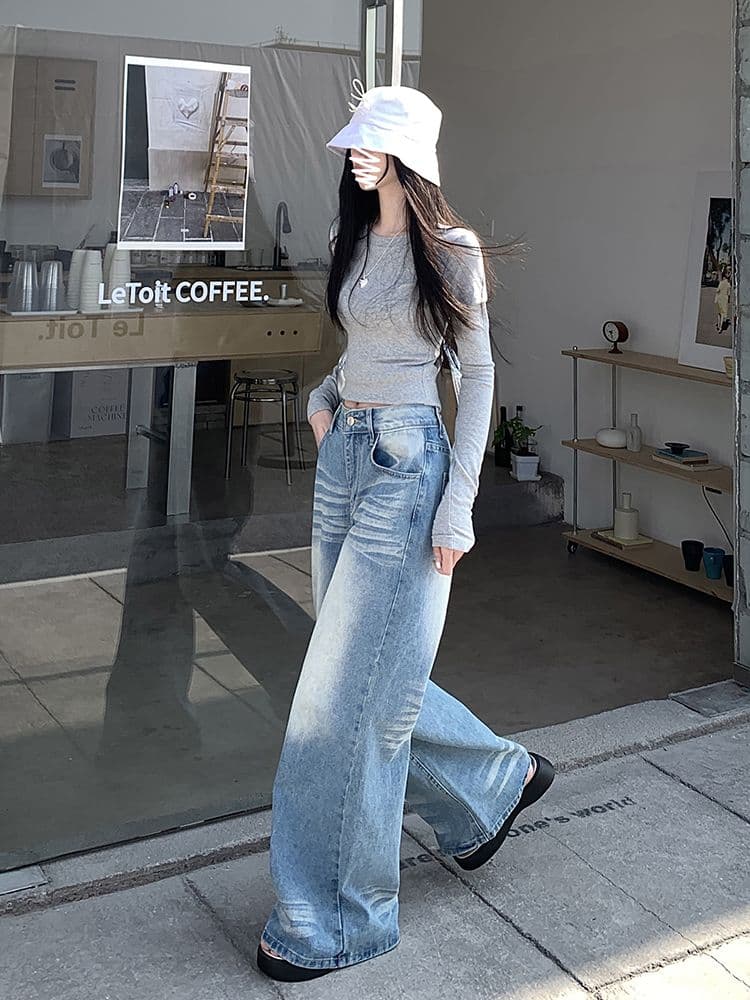 청바지 여성 빅 사이즈 주름 디자인 연삭 화이트 아메리칸 바닥 청소 긴 바지 지방 mm 루즈핏 하이웨이스트 스트레이트 와이드 레그 팬츠 어린이 상세 이미지 16