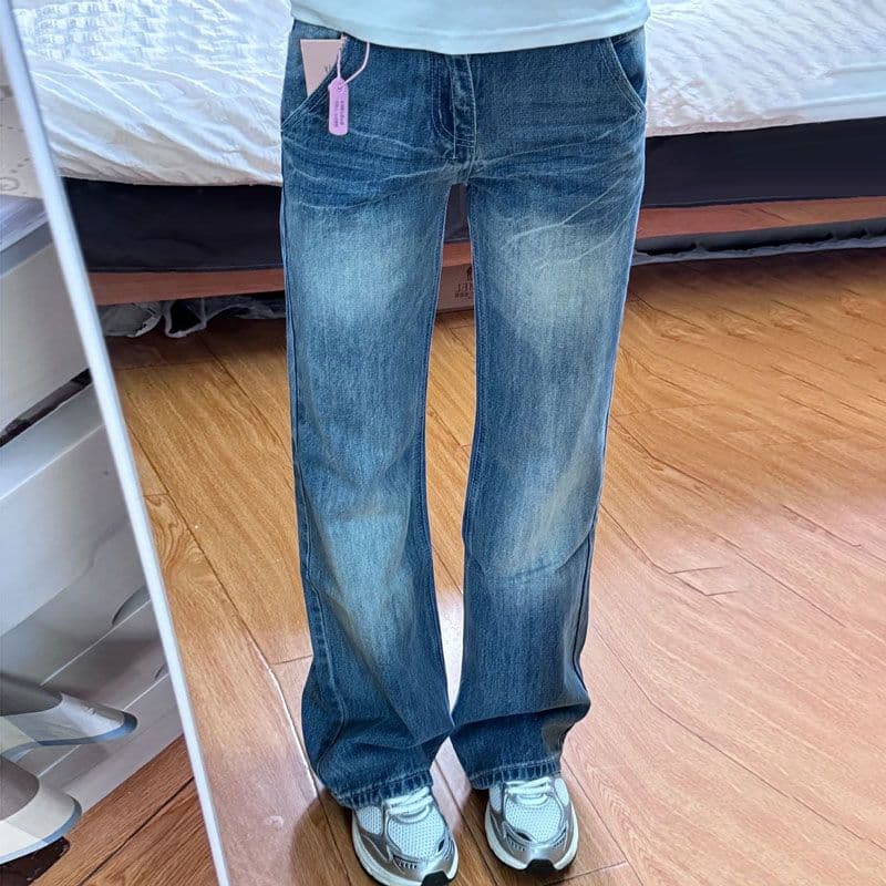 작은 키 새로운 빅 사이즈 지방 mm 넓은 다리 청바지 여성 디자인 센스 로우 웨이스트 슬림해 보이는 루즈핏 다용도 스트레이트 긴 바지 이미지 4