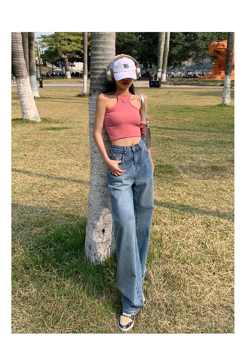 데님 넓은 다리 길이 바지 여성 배색 가죽 표준 하이웨이스트 루즈핏 스트레이트 작은 키 꽃 자수 디자인 센스 바닥 청소 바지 상세 이미지 7