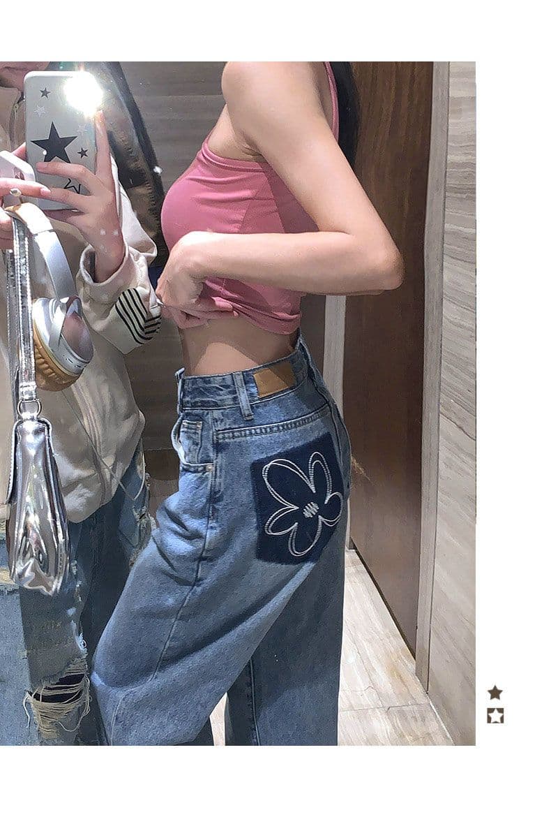 데님 넓은 다리 길이 바지 여성 배색 가죽 표준 하이웨이스트 루즈핏 스트레이트 작은 키 꽃 자수 디자인 센스 바닥 청소 바지 상세 이미지 9