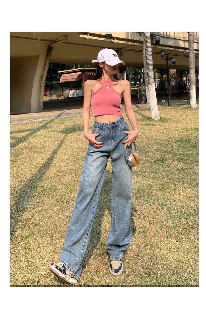 데님 넓은 다리 길이 바지 여성 배색 가죽 표준 하이웨이스트 루즈핏 스트레이트 작은 키 꽃 자수 디자인 센스 바닥 청소 바지 상세 이미지 12