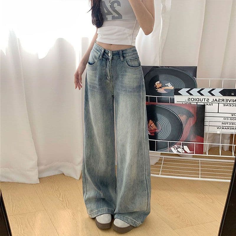 찢어진 부분 루즈핏 넓은 다리 청바지 여성 가을 새로운 워싱 다용도 디자인 센스 하이웨이스트 슬림해 보이는 스트레이트 롱 바지