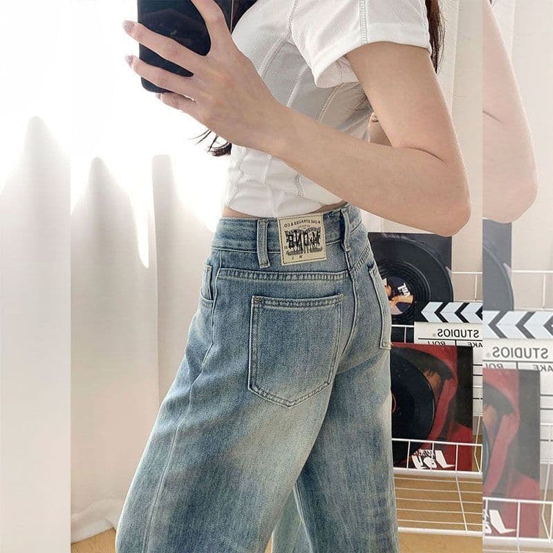 찢어진 부분 루즈핏 넓은 다리 청바지 여성 가을 새로운 워싱 다용도 디자인 센스 하이웨이스트 슬림해 보이는 스트레이트 롱 바지 이미지 3