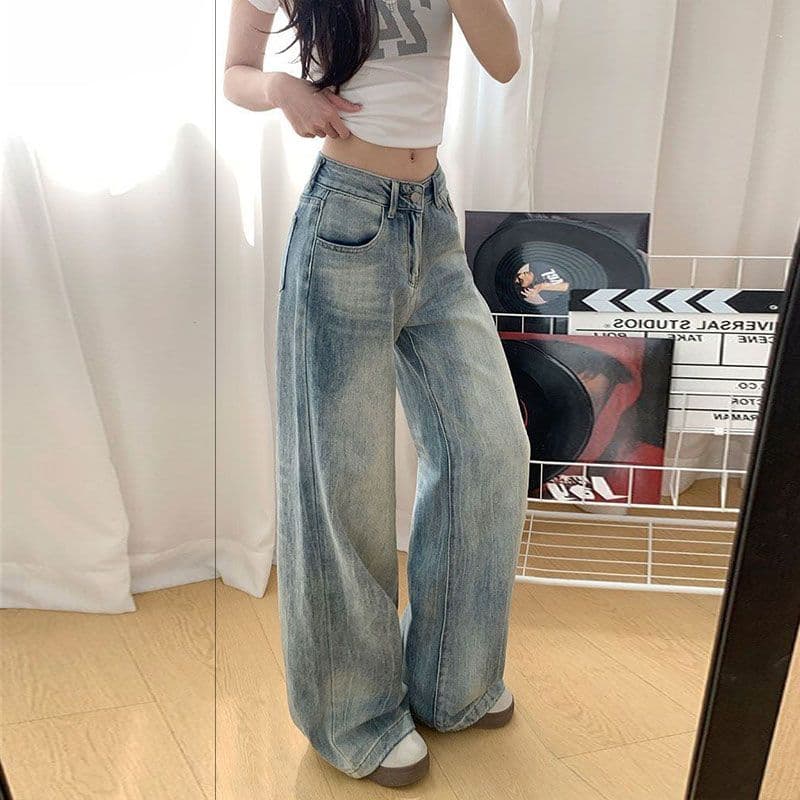 찢어진 부분 루즈핏 넓은 다리 청바지 여성 가을 새로운 워싱 다용도 디자인 센스 하이웨이스트 슬림해 보이는 스트레이트 롱 바지 이미지 4
