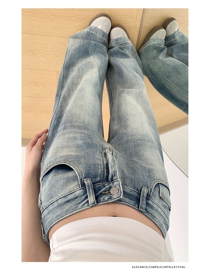 찢어진 부분 루즈핏 넓은 다리 청바지 여성 가을 새로운 워싱 다용도 디자인 센스 하이웨이스트 슬림해 보이는 스트레이트 롱 바지 상세 이미지 5