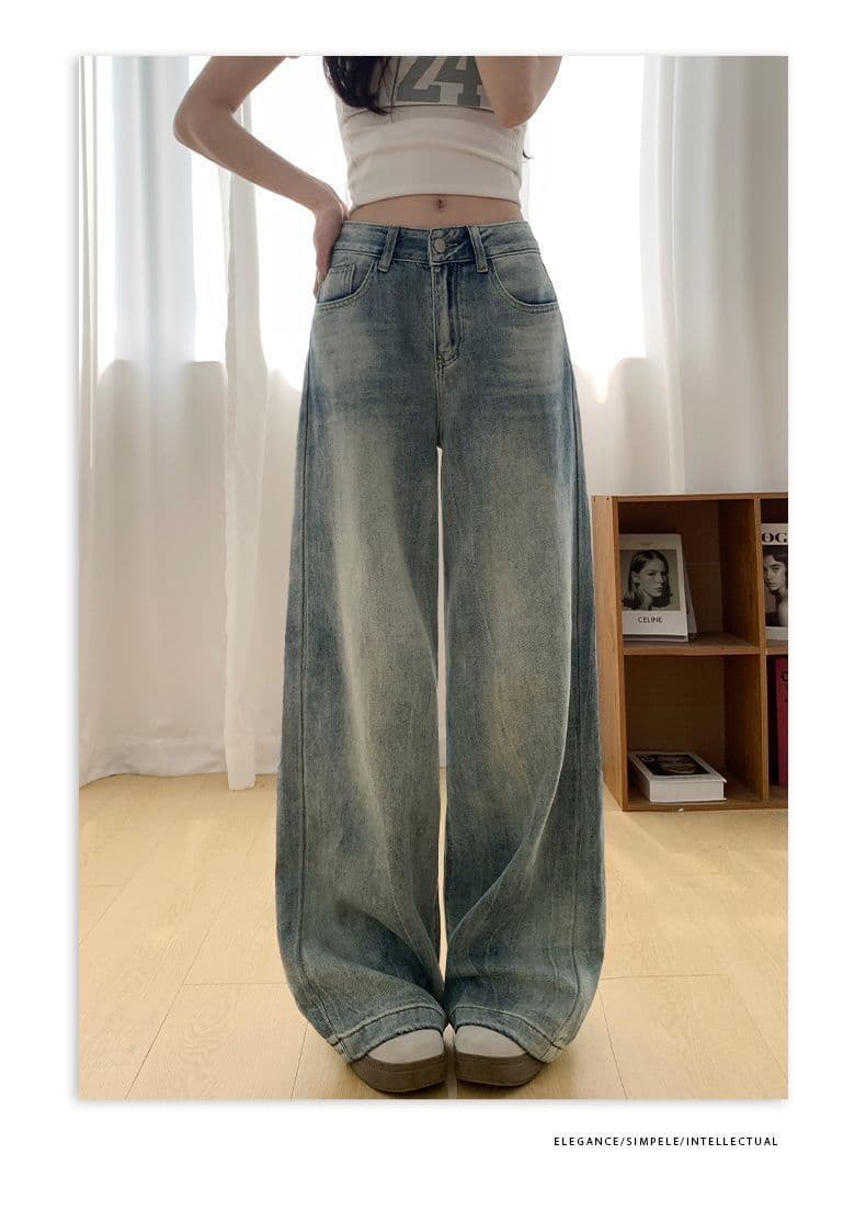 찢어진 부분 루즈핏 넓은 다리 청바지 여성 가을 새로운 워싱 다용도 디자인 센스 하이웨이스트 슬림해 보이는 스트레이트 롱 바지 상세 이미지 7