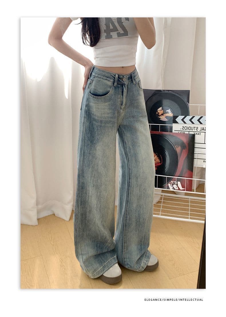 찢어진 부분 루즈핏 넓은 다리 청바지 여성 가을 새로운 워싱 다용도 디자인 센스 하이웨이스트 슬림해 보이는 스트레이트 롱 바지 상세 이미지 9