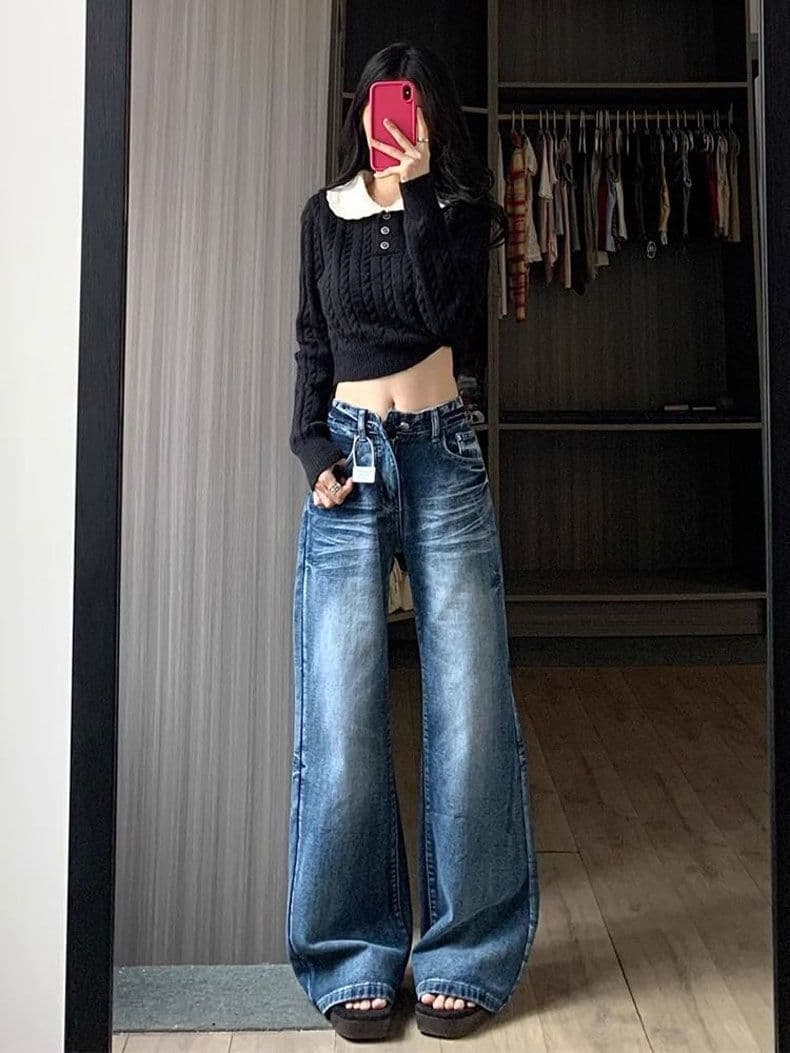 하이웨이스트 워싱 주름 부츠컷 청바지 여성 봄 가을 새로운 레트로 블루 와이드 레그 팬츠 루즈핏 바닥 청소 스트레이트 긴 바지 상세 이미지 4