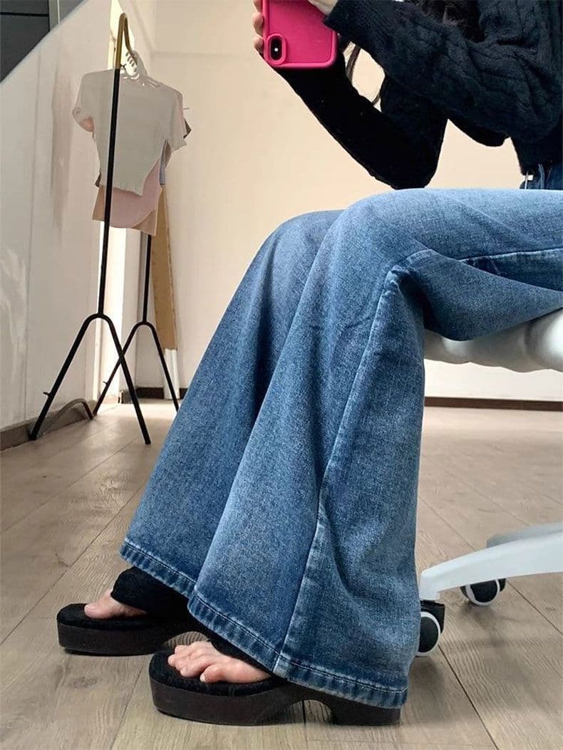 하이웨이스트 워싱 주름 부츠컷 청바지 여성 봄 가을 새로운 레트로 블루 와이드 레그 팬츠 루즈핏 바닥 청소 스트레이트 긴 바지 상세 이미지 6