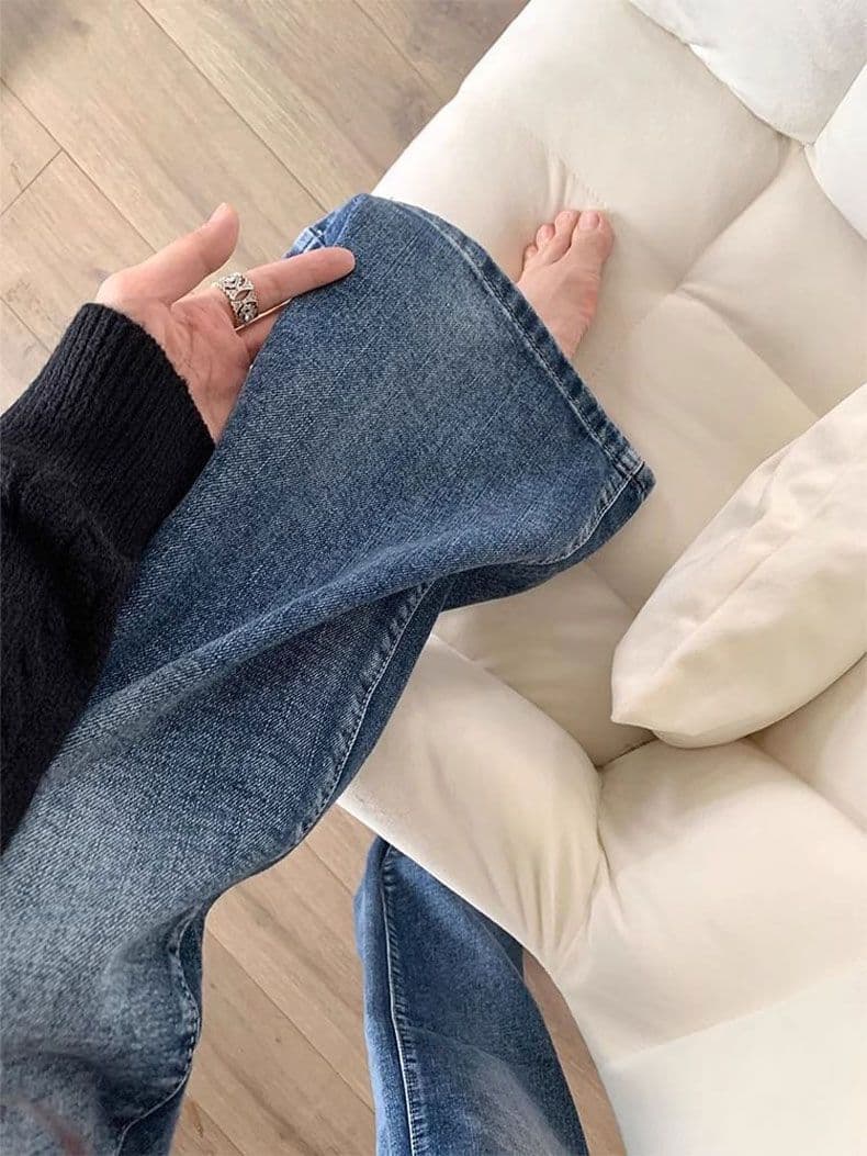 하이웨이스트 워싱 주름 부츠컷 청바지 여성 봄 가을 새로운 레트로 블루 와이드 레그 팬츠 루즈핏 바닥 청소 스트레이트 긴 바지 상세 이미지 7