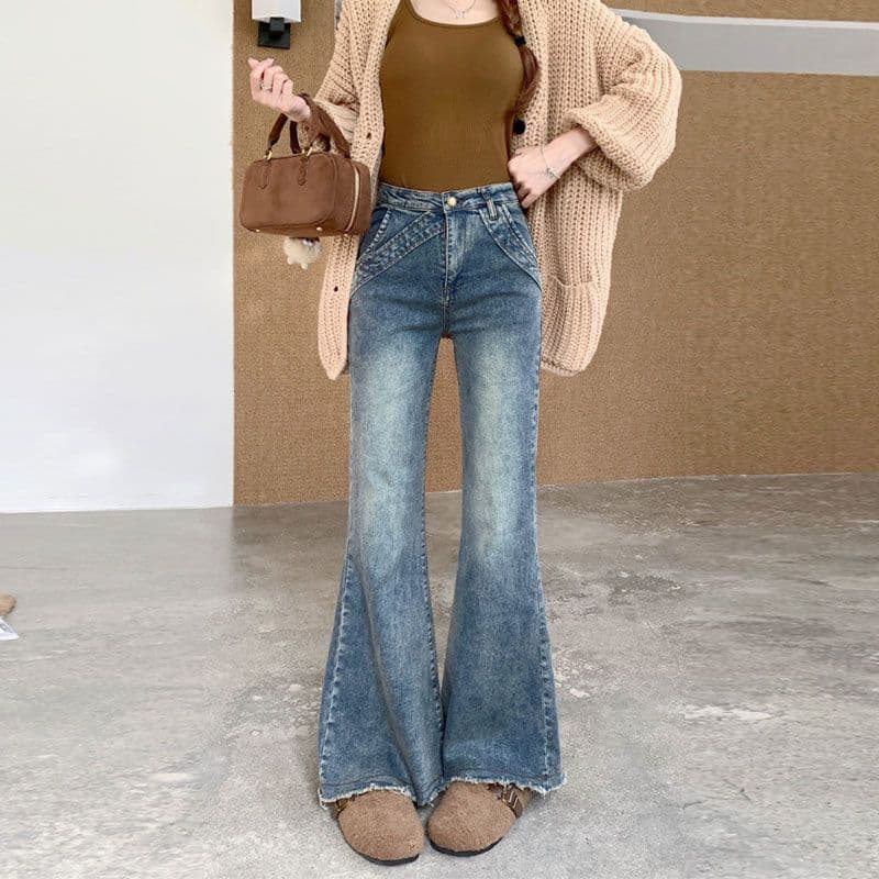 거친 가장자리 패치워크 마이크로 나팔 청바지 여성 가을 아메리칸 디자인 센스 레트로 핫걸 빅 사이즈 로우 웨이스트 바닥 청소 긴 바지