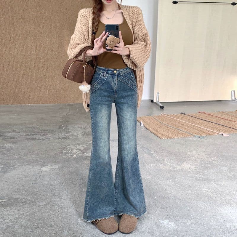 거친 가장자리 패치워크 마이크로 나팔 청바지 여성 가을 아메리칸 디자인 센스 레트로 핫걸 빅 사이즈 로우 웨이스트 바닥 청소 긴 바지 이미지 4