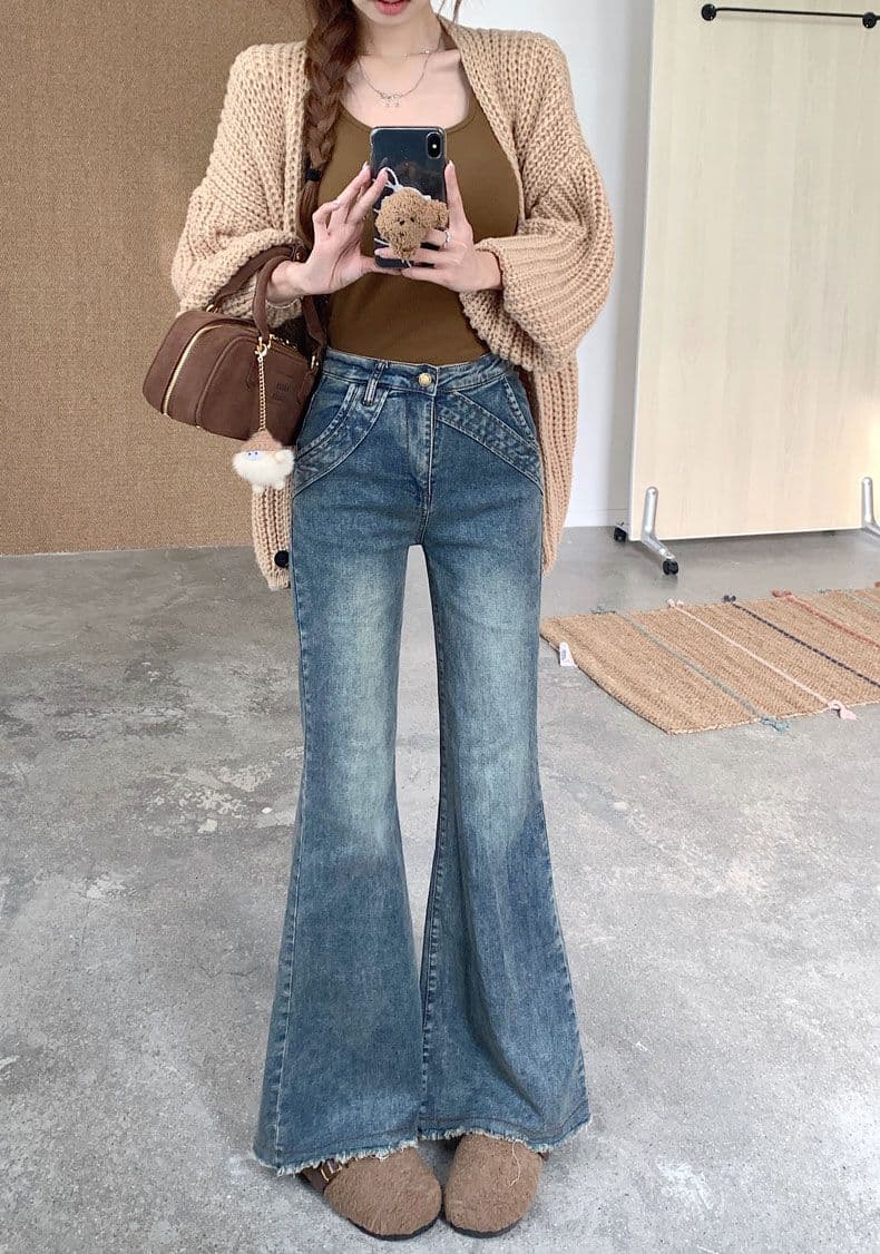 거친 가장자리 패치워크 마이크로 나팔 청바지 여성 가을 아메리칸 디자인 센스 레트로 핫걸 빅 사이즈 로우 웨이스트 바닥 청소 긴 바지 상세 이미지 7