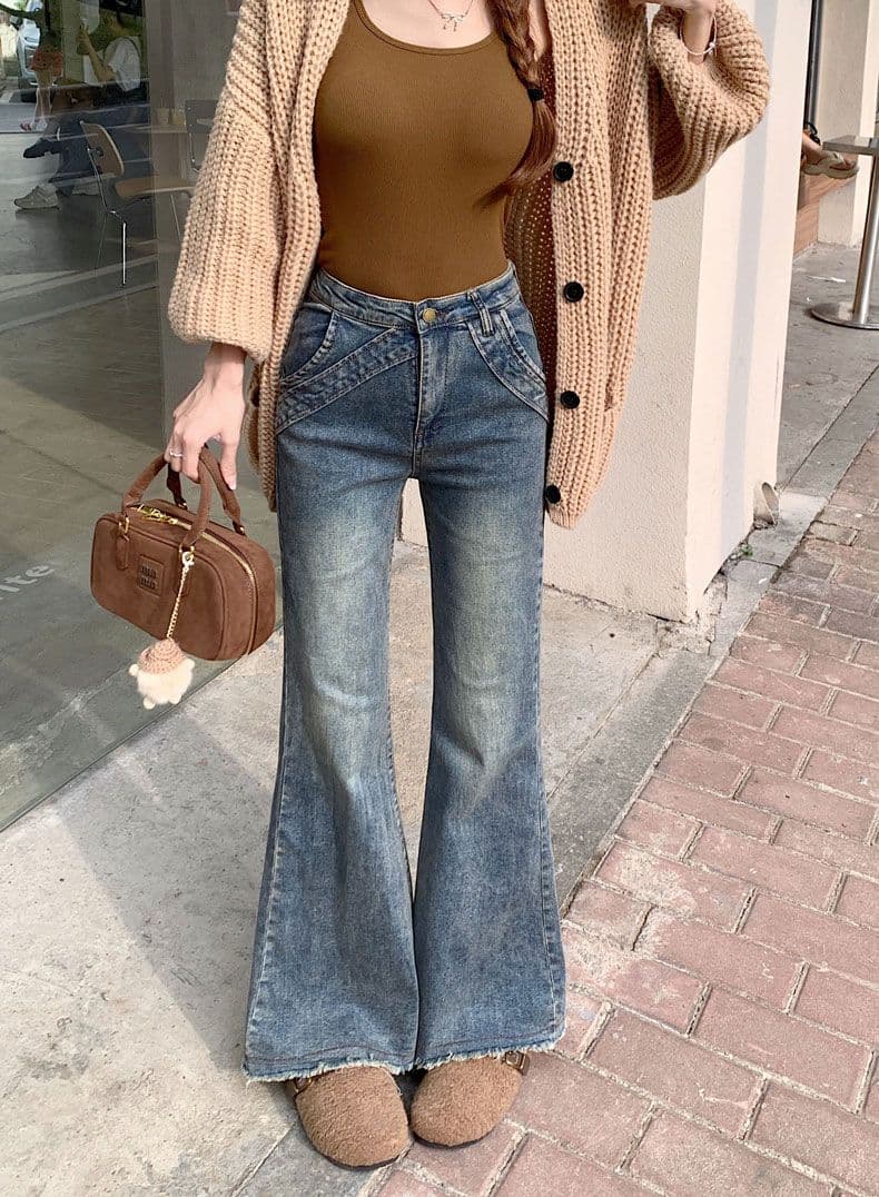 거친 가장자리 패치워크 마이크로 나팔 청바지 여성 가을 아메리칸 디자인 센스 레트로 핫걸 빅 사이즈 로우 웨이스트 바닥 청소 긴 바지 상세 이미지 10