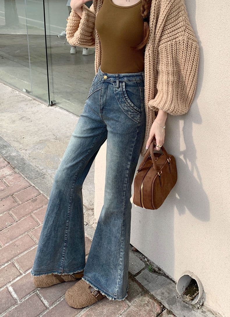 거친 가장자리 패치워크 마이크로 나팔 청바지 여성 가을 아메리칸 디자인 센스 레트로 핫걸 빅 사이즈 로우 웨이스트 바닥 청소 긴 바지 상세 이미지 12