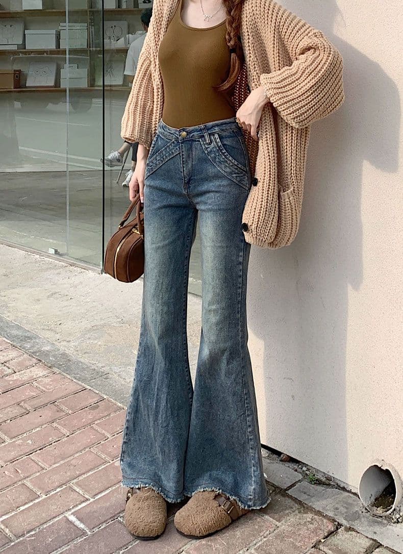 거친 가장자리 패치워크 마이크로 나팔 청바지 여성 가을 아메리칸 디자인 센스 레트로 핫걸 빅 사이즈 로우 웨이스트 바닥 청소 긴 바지 상세 이미지 16