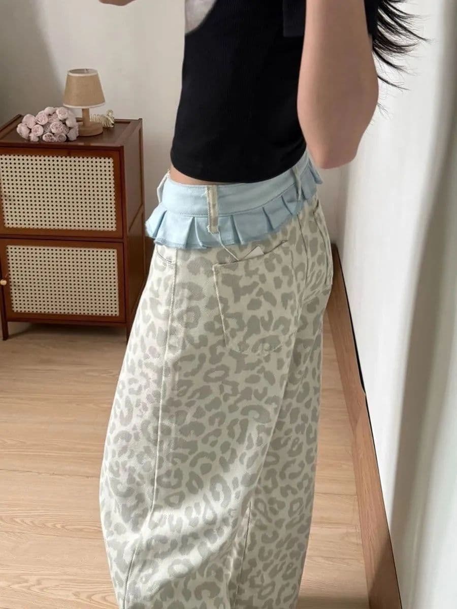 레트로 패션 레오파드 무늬 패치워크 작은 치마 캐주얼 청바지 아이들 새로운 다용도 루즈핏 넓은 다리 바닥 청소 긴 바지 이미지 3