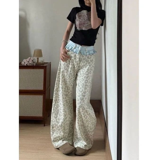 레트로 패션 레오파드 무늬 패치워크 작은 치마 캐주얼 청바지 아이들 새로운 다용도 루즈핏 넓은 다리 바닥 청소 긴 바지 상세 이미지 2