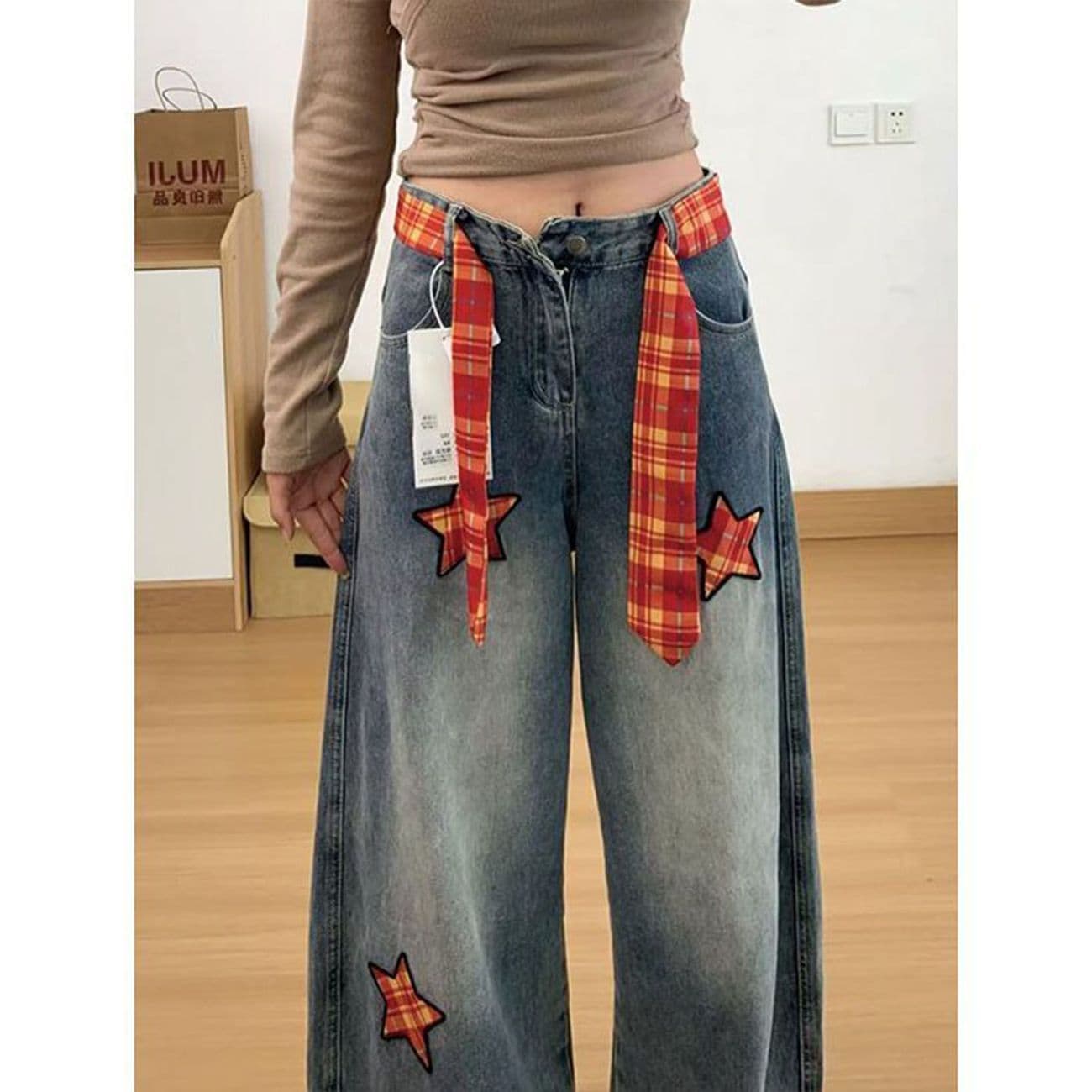 패치 자수 별 모통이 칼 청바지 여자 아메리칸 워싱 레트로 느긋한 센스 루즈핏 마 오래된 넓은 다리 길이 바지 이미지 4