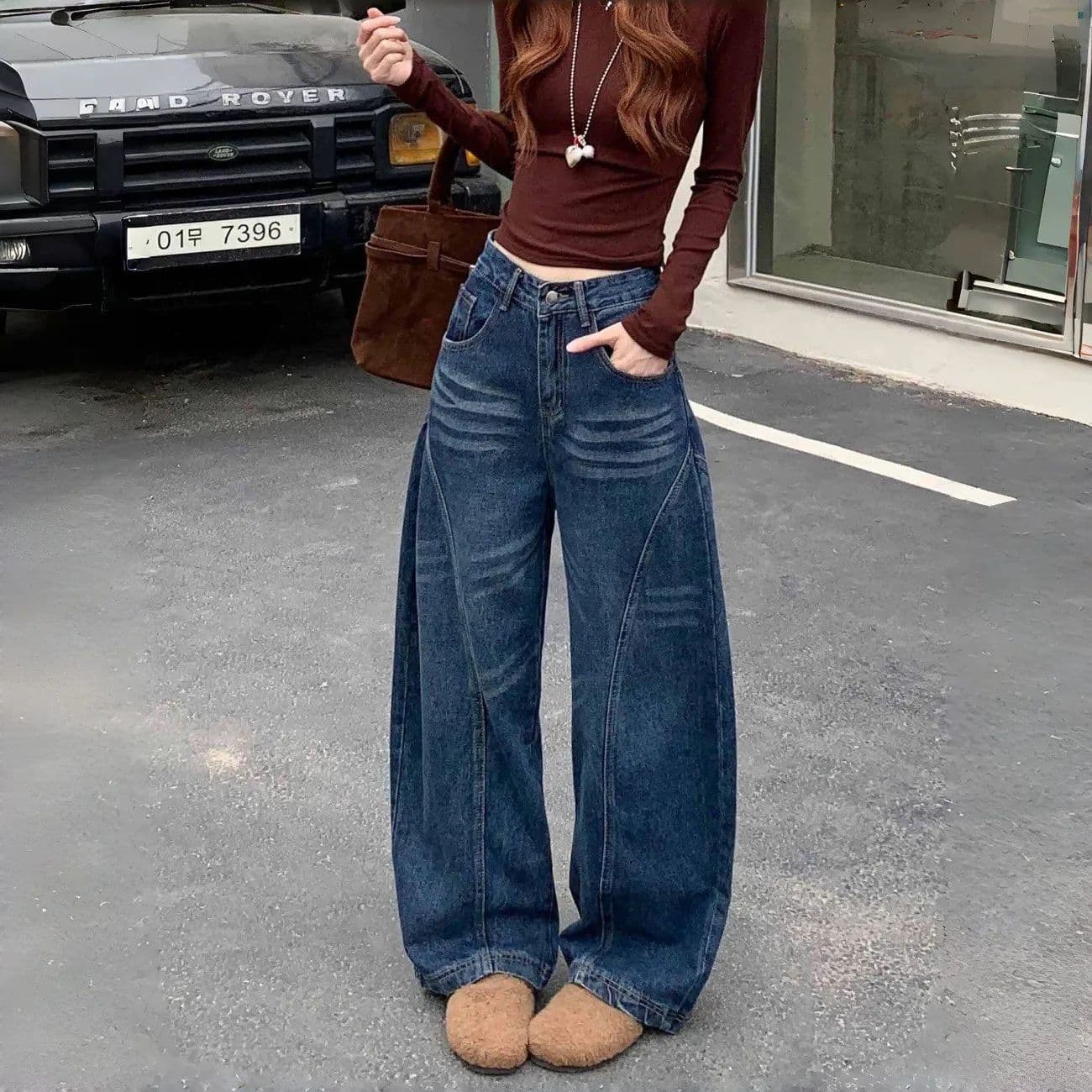 아메리칸 워싱 넓은 다리 모통이 칼 청바지 여성 2026 가을 새로운 높음 거리 루즈핏 슬림해 보이는 스트레이트 낫 바지 상세 이미지 3