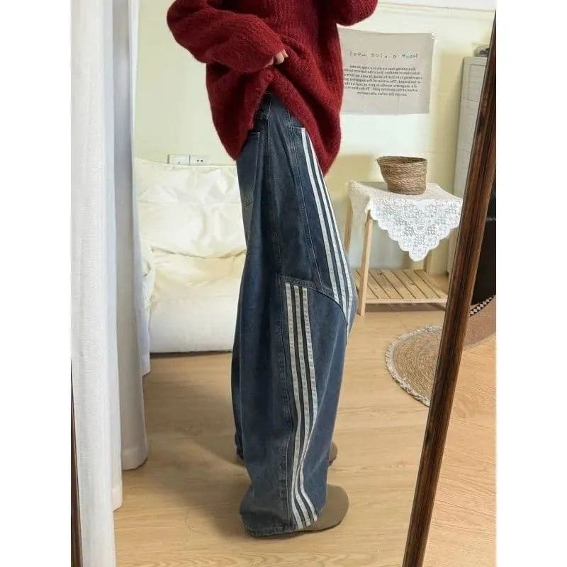 2026 년 가을 한 부서 높음 거리 레트로 모통이 칼 청바지 여성 디자인 센스 루즈핏 하이웨이스트 넓은 다리 바닥 청소 긴 바지 이미지 2