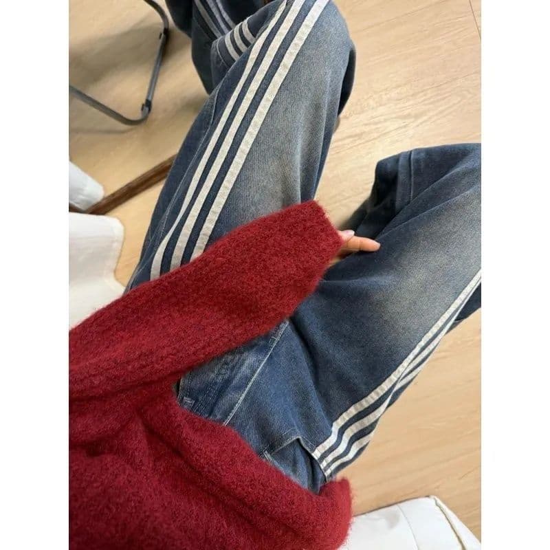 2026 년 가을 한 부서 높음 거리 레트로 모통이 칼 청바지 여성 디자인 센스 루즈핏 하이웨이스트 넓은 다리 바닥 청소 긴 바지 상세 이미지 3