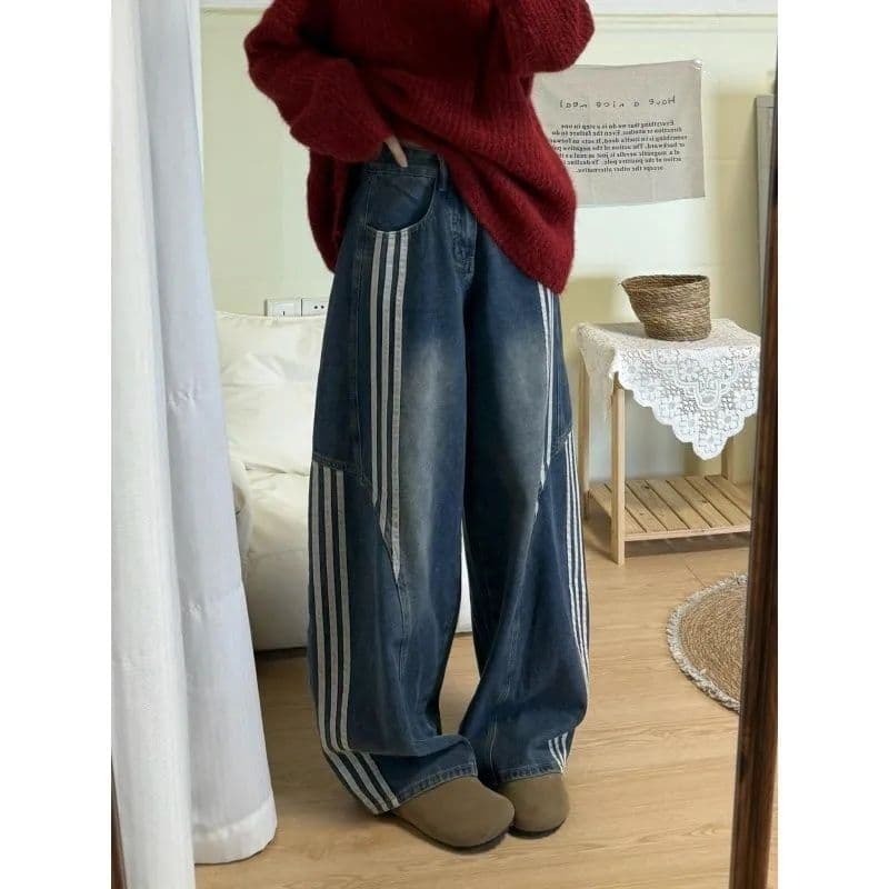 2026 년 가을 한 부서 높음 거리 레트로 모통이 칼 청바지 여성 디자인 센스 루즈핏 하이웨이스트 넓은 다리 바닥 청소 긴 바지 상세 이미지 6