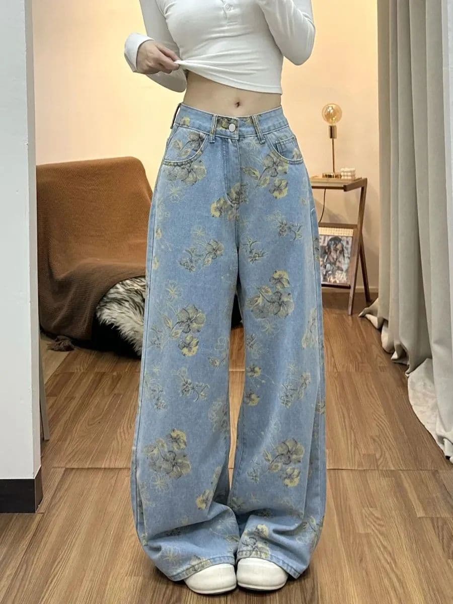 아메리칸 레트로 꽃 프린트 넓은 다리 청바지 여성 루즈핏 하이웨이스트 슬림해 보이는 스트레이트 팬츠 캐주얼 긴 바지 상세 이미지 4