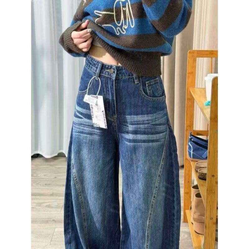모통이 칼 청바지 여성 봄 새로운 아메리칸 높음 거리 루즈핏 와이드 레그 팬츠 3 차원 자르기 프로필 모양 워싱 바닥 청소 바지 이미지 5