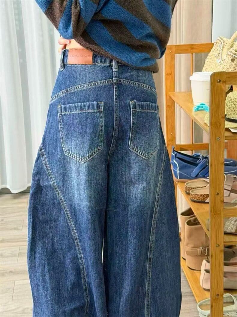 모통이 칼 청바지 여성 봄 새로운 아메리칸 높음 거리 루즈핏 와이드 레그 팬츠 3 차원 자르기 프로필 모양 워싱 바닥 청소 바지 상세 이미지 6